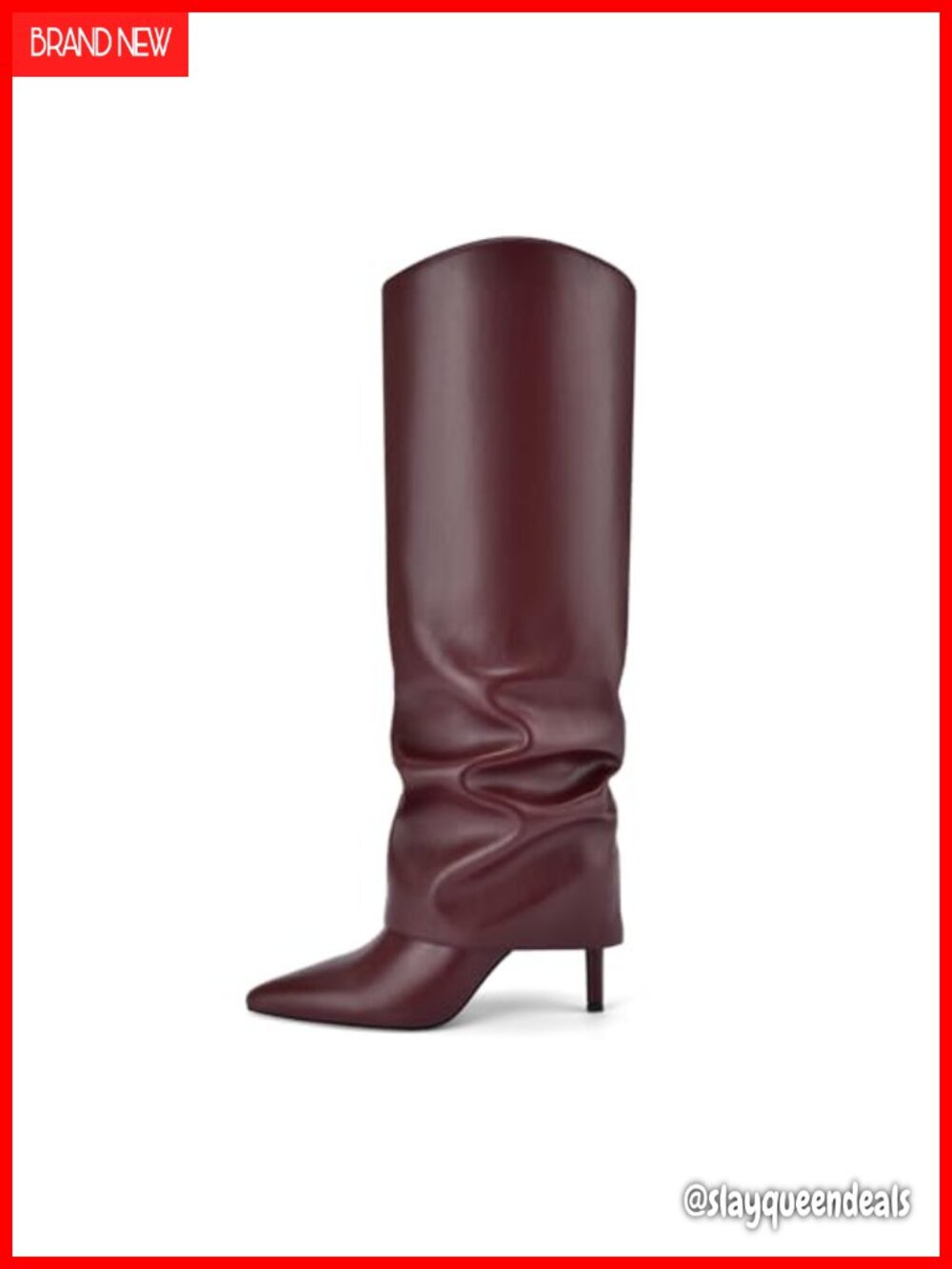 Faux Leather Pointed Toe Knee High Stiletto Boots Fold Over Slouch